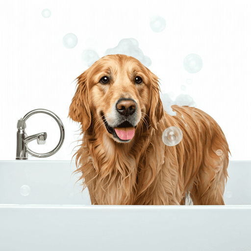 Golden retriever getting a bubble bath