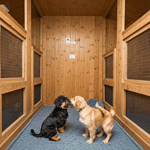 Dogs playing in a luxury boarding suite