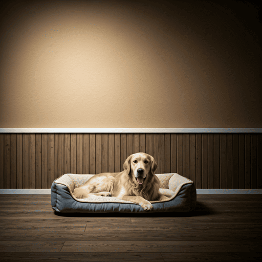 Interior of a luxury pet hotel with soft lighting, premium wooden furniture, and a golden retriever resting on a plush bed