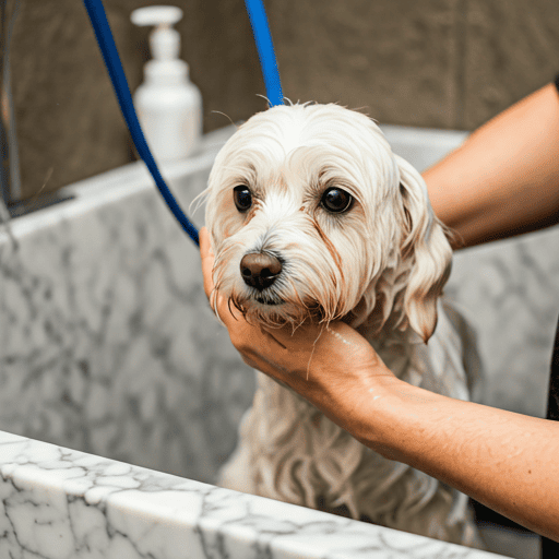Close up of a professional pet groomer gently washing a small white fluffy dog in a clean white marble sink