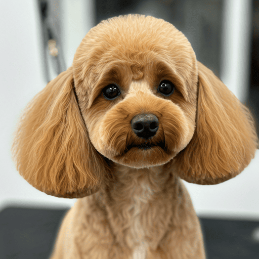a beautifully groomed and fluffed poodle mix with a modern teddy bear cut in bright lighting