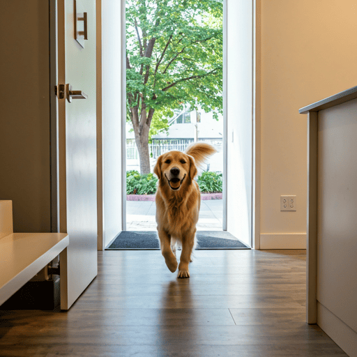 A happy golden retriever entering a bright, modern, minimalist pet reception area with sunlight streaming through large windows
