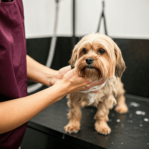 A professional groomer gently washing a small fluffy dog with luxurious white suds in a high-end spa-like environment