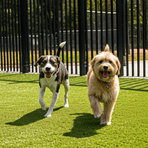 Two happy dogs playing on a clean artificial grass surface in a sun-drenched outdoor park with modern fencing