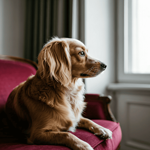 A perfectly groomed dog sitting regally on a velvet sofa, looking towards a bright window, waiting for its owner