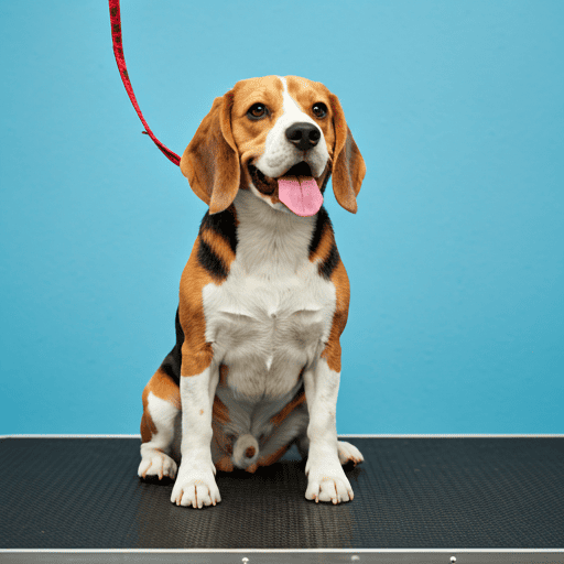 A clean, happy beagle sitting on a soft grooming table