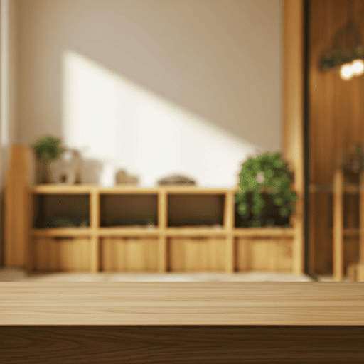Soft focused image of a clean, bright pet spa with natural wood accents and plants, warm morning sunlight streaming in