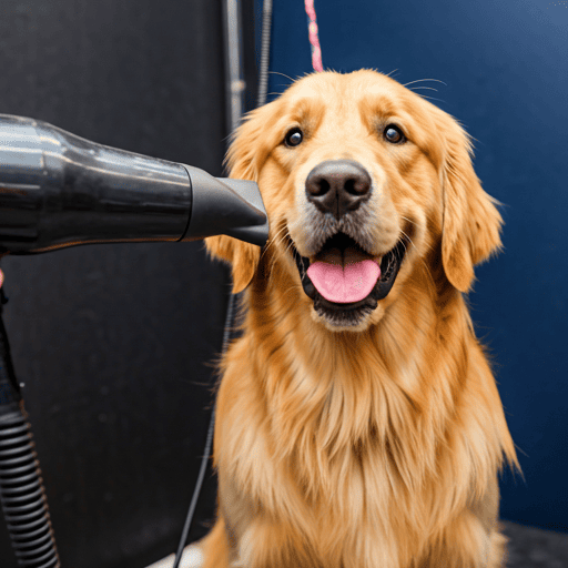 Happy Golden Retriever being pampered with a professional hair dryer in a clean pet salon